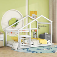 Twin Wooden House Bed With Shelf No Box Spring White Floor Bed