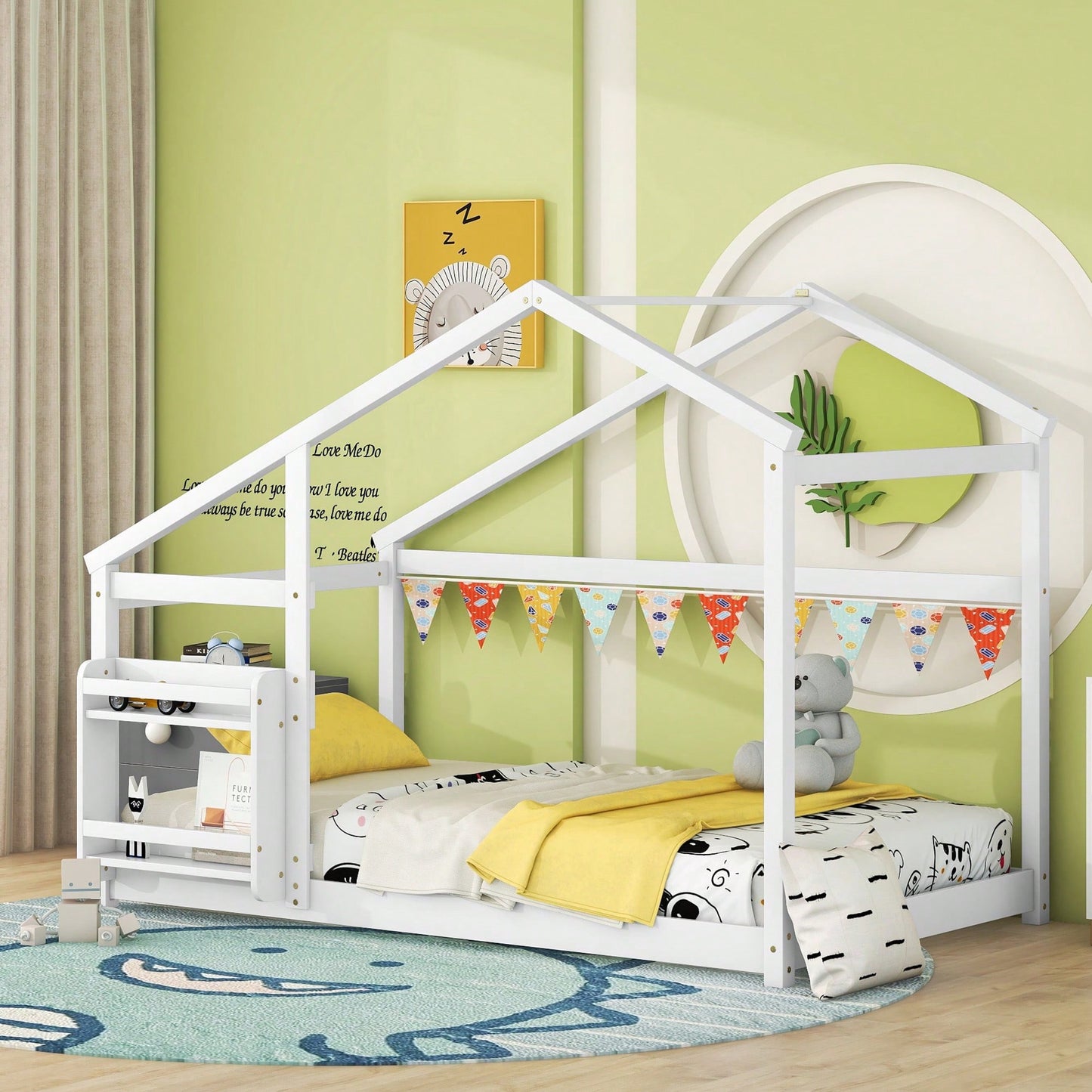 Twin Wooden House Bed With Shelf No Box Spring White Floor Bed