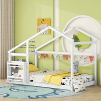 Twin Wooden House Bed With Shelf No Box Spring White Floor Bed