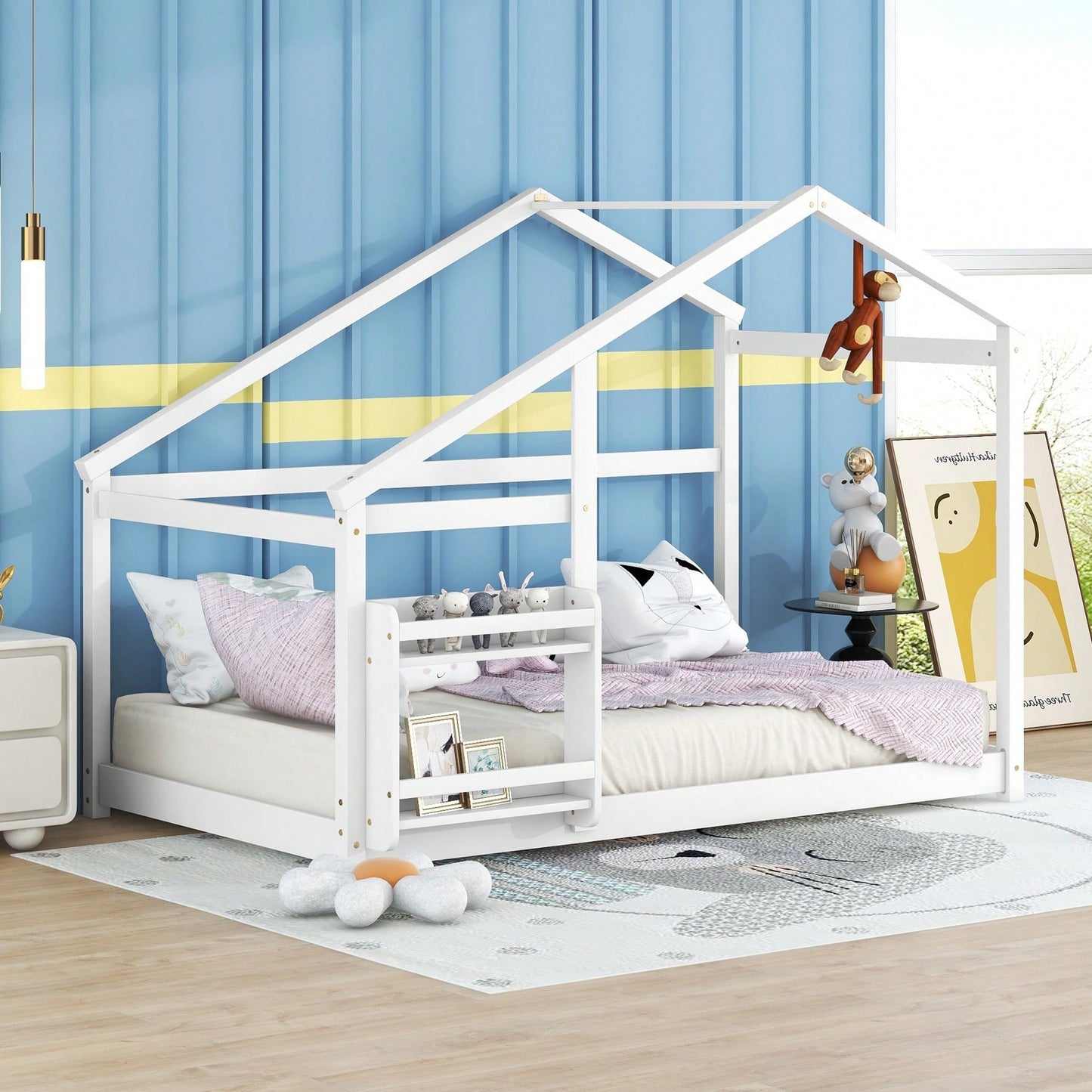 Twin Wooden House Bed With Shelf No Box Spring White Floor Bed