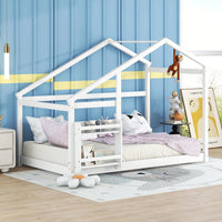 Twin Wooden House Bed With Shelf No Box Spring White Floor Bed