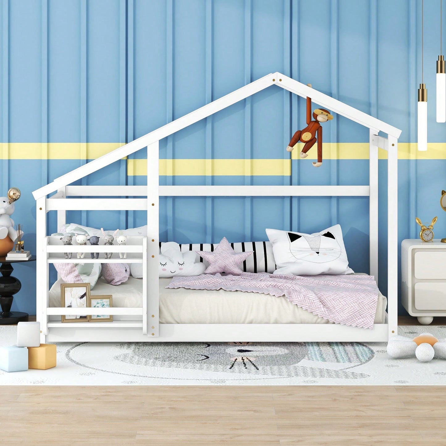 Twin Wooden House Bed With Shelf No Box Spring White Floor Bed