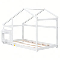 Twin Wooden House Bed With Shelf No Box Spring White Floor Bed