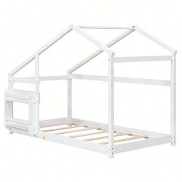 Twin Wooden House Bed With Shelf No Box Spring White Floor Bed