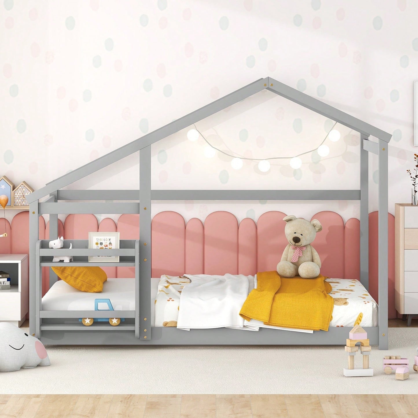 Twin Wooden House Bed With Shelf No Box Spring White Floor Bed