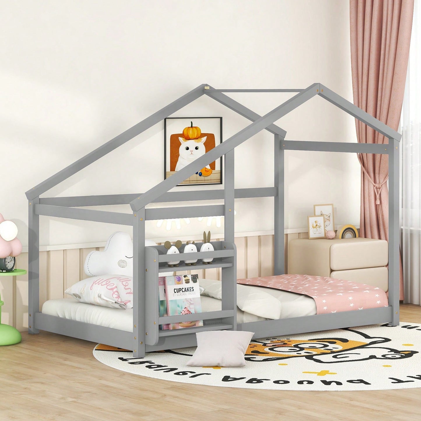 Twin Wooden House Bed With Shelf No Box Spring White Floor Bed