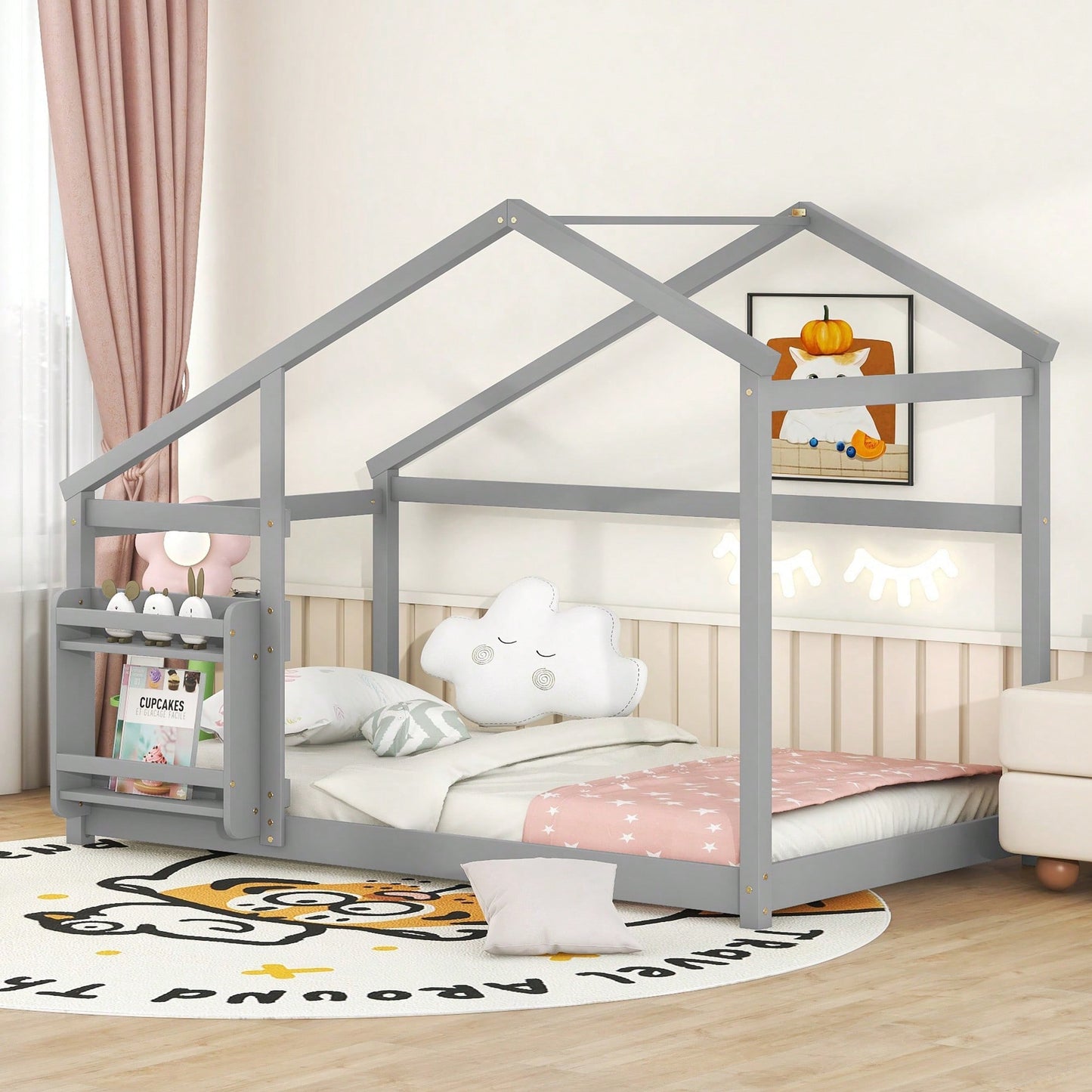 Twin Wooden House Bed With Shelf No Box Spring White Floor Bed
