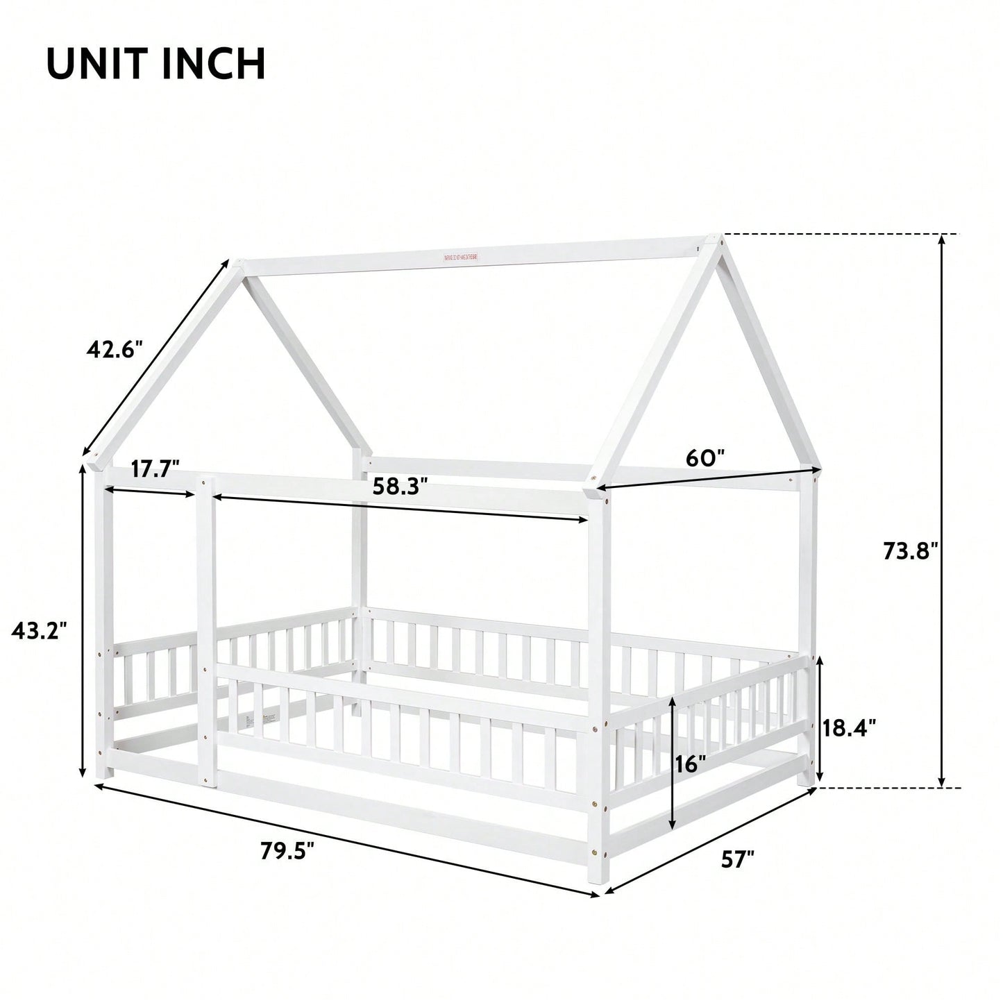 Wooden Full Size Bed With House Roof Frame And Fence Guardrails In Grey