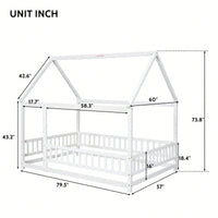 Wooden Full Size Bed With House Roof Frame And Fence Guardrails In Grey