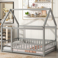 Wooden Full Size Bed With House Roof Frame And Fence Guardrails In Grey