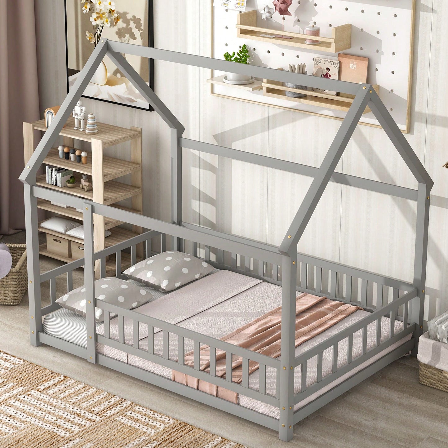 Wooden Full Size Bed With House Roof Frame And Fence Guardrails In Grey