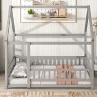 Wooden Full Size Bed With House Roof Frame And Fence Guardrails In Grey