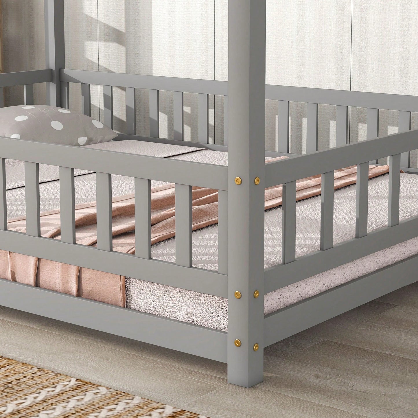 Wooden Full Size Bed With House Roof Frame And Fence Guardrails In Grey