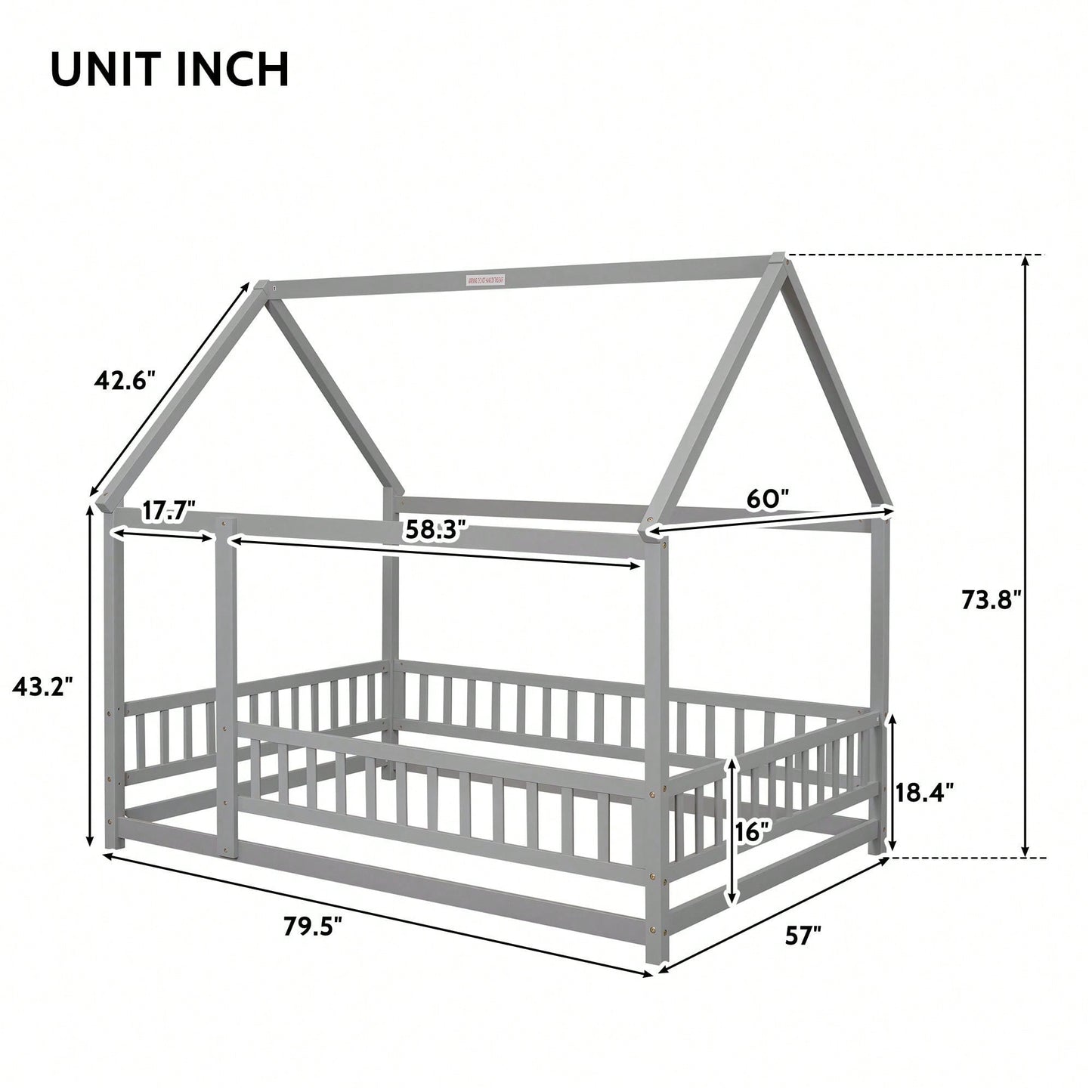 Wooden Full Size Bed With House Roof Frame And Fence Guardrails In Grey