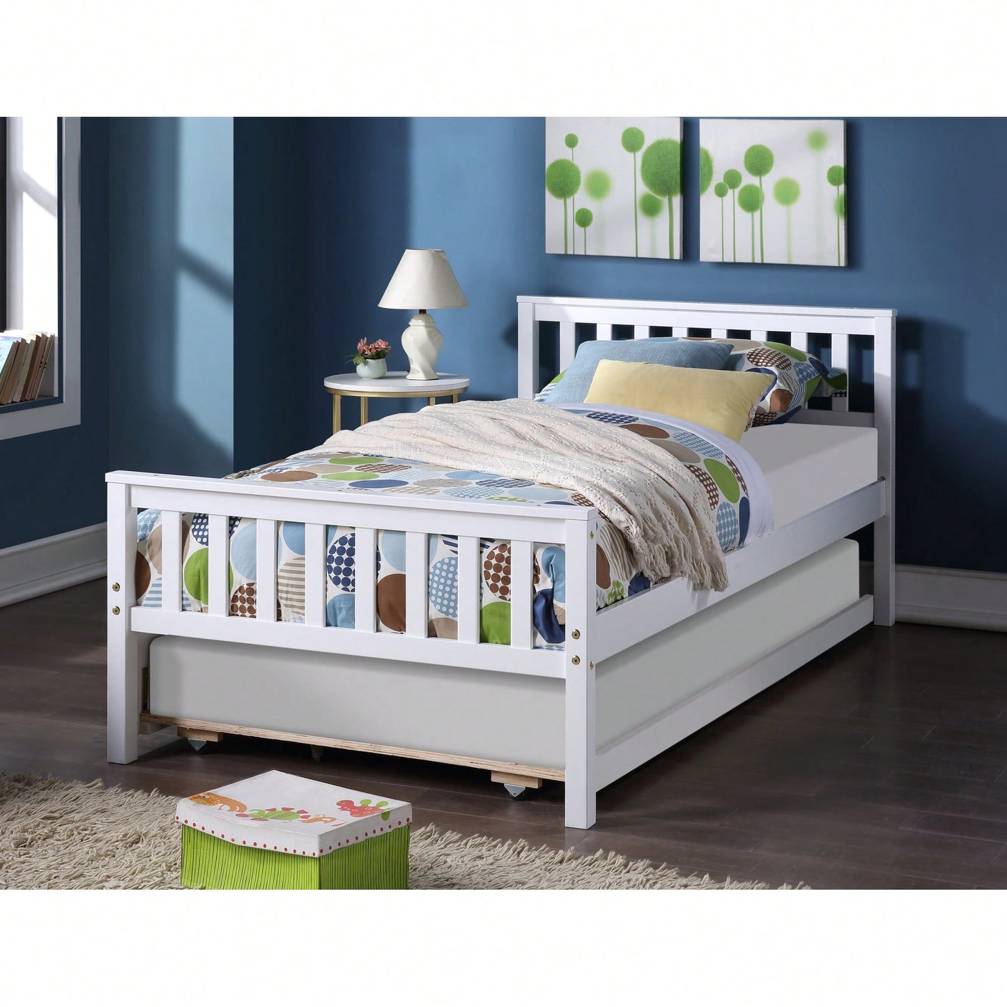 Space-Saving Twin Bed With Trundle And Headboard, No Box Spring Required, Ideal For Small Bedrooms And Living Spaces, White Finish