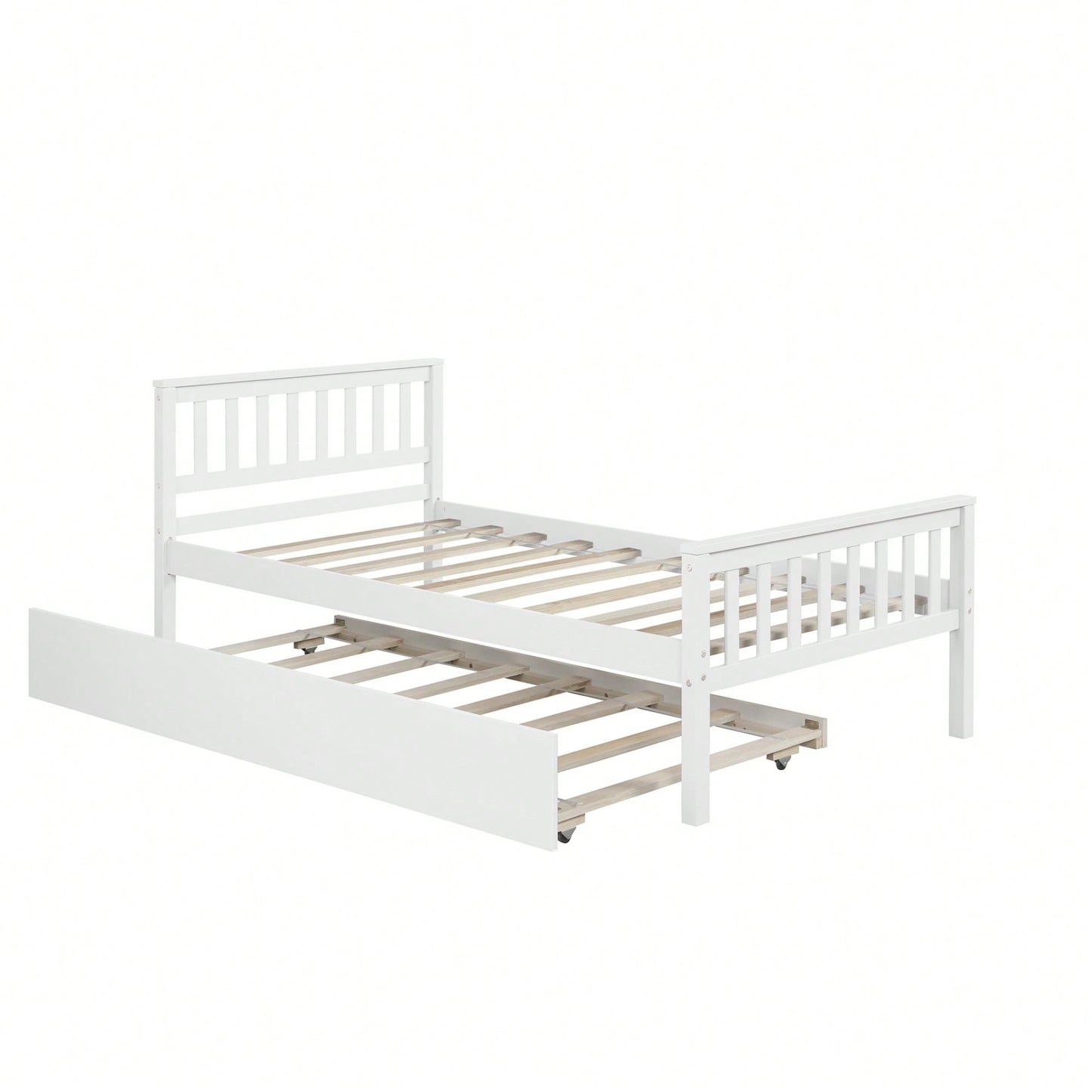 Space-Saving Twin Bed With Trundle And Headboard, No Box Spring Required, Ideal For Small Bedrooms And Living Spaces, White Finish