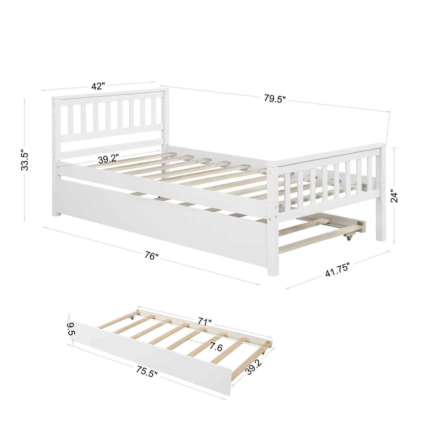 Space-Saving Twin Bed With Trundle And Headboard, No Box Spring Required, Ideal For Small Bedrooms And Living Spaces, White Finish