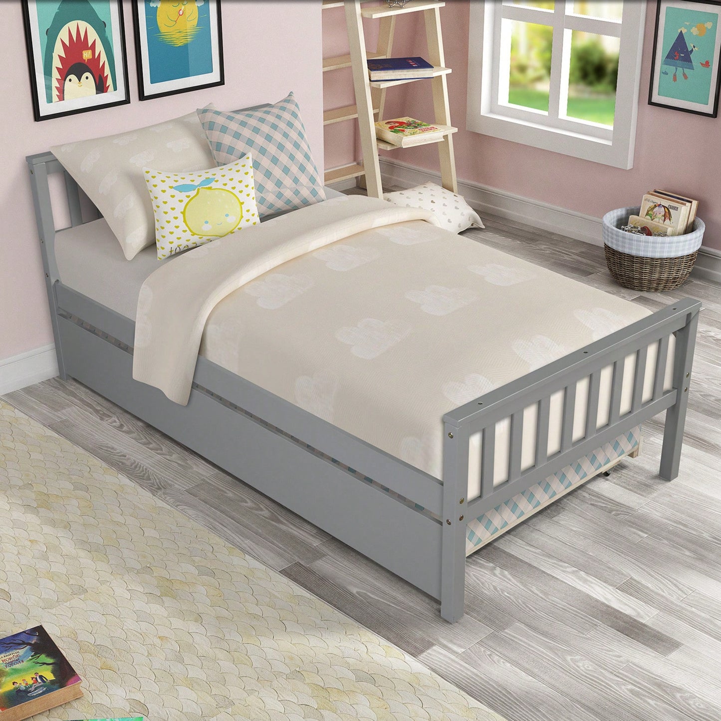 Space-Saving Twin Bed With Trundle And Headboard, No Box Spring Required, Ideal For Small Bedrooms And Living Spaces, White Finish