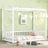Twin Size Canopy Floor Bed With Guardrails And Fence In Grey