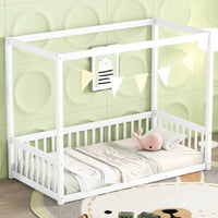 Twin Size Canopy Floor Bed With Guardrails And Fence In Grey