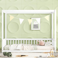 Twin Size Canopy Floor Bed With Guardrails And Fence In Grey