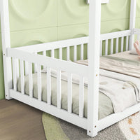 Twin Size Canopy Floor Bed With Guardrails And Fence In Grey