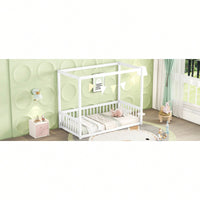 Twin Size Canopy Floor Bed With Guardrails And Fence In Grey