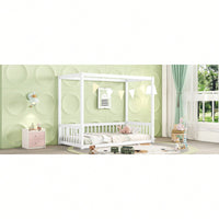 Twin Size Canopy Floor Bed With Guardrails And Fence In Grey