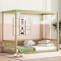 Twin Size Canopy Floor Bed With Guardrails And Fence In Grey