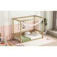 Twin Size Canopy Floor Bed With Guardrails And Fence In Grey