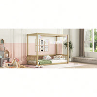 Twin Size Canopy Floor Bed With Guardrails And Fence In Grey