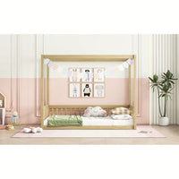 Twin Size Canopy Floor Bed With Guardrails And Fence In Grey