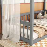 Twin Size Canopy Floor Bed With Guardrails And Fence In Grey