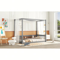 Twin Size Canopy Floor Bed With Guardrails And Fence In Grey