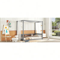 Twin Size Canopy Floor Bed With Guardrails And Fence In Grey