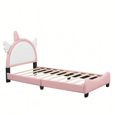 Adorable Twin Size Upholstered Bed With Unicorn Headboard And Footboard In White And Pink