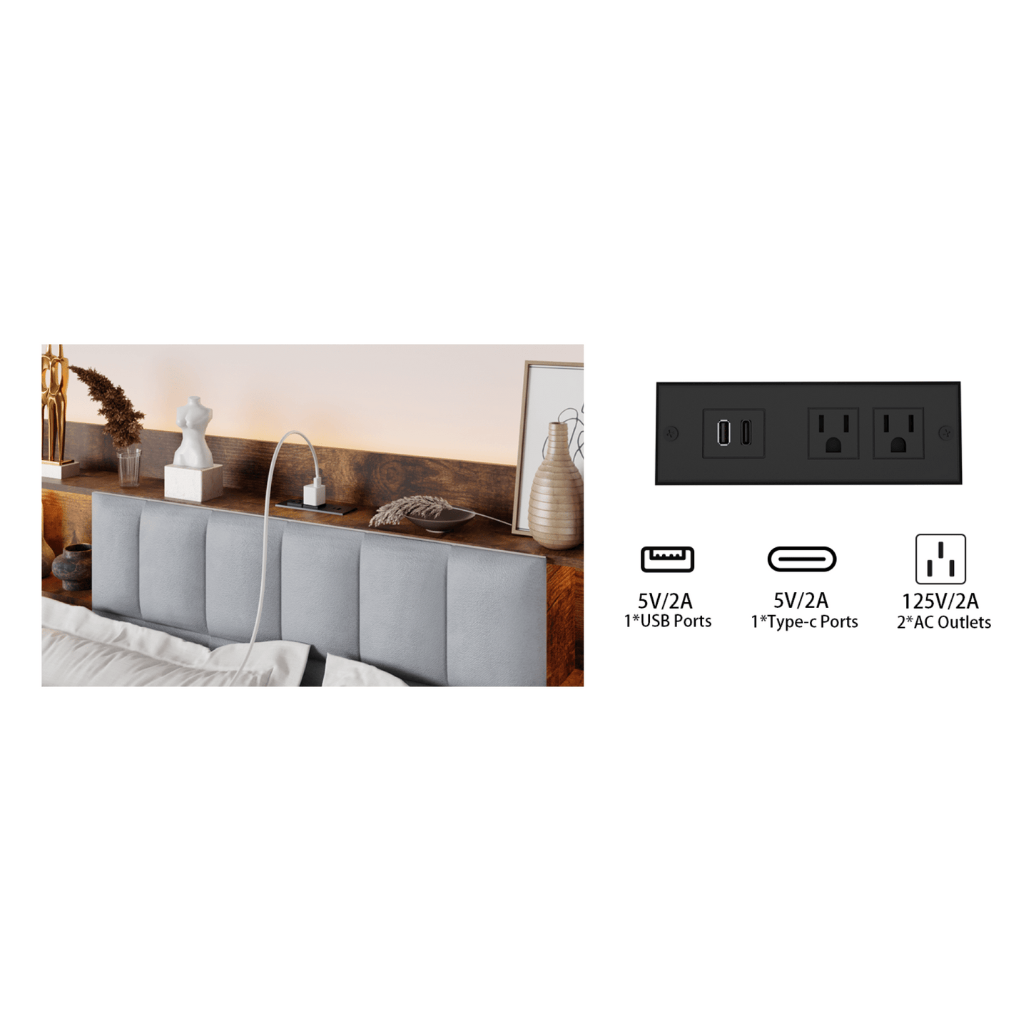 Upholstered King Size Bed Frame With Storage Drawers And LED Headboard, Charging Station, No Box Spring Required, Easy Assembly