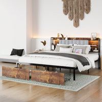 Upholstered King Size Bed Frame With Storage Drawers And LED Headboard, Charging Station, No Box Spring Required, Easy Assembly