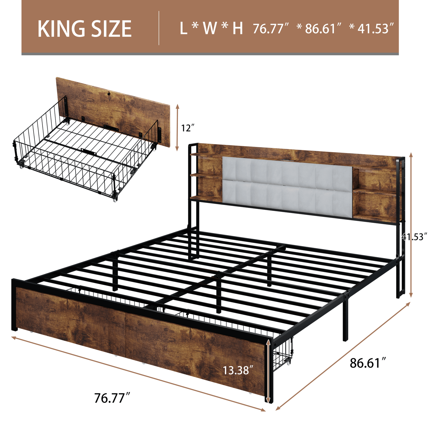 Upholstered King Size Bed Frame With Storage Drawers And LED Headboard, Charging Station, No Box Spring Required, Easy Assembly