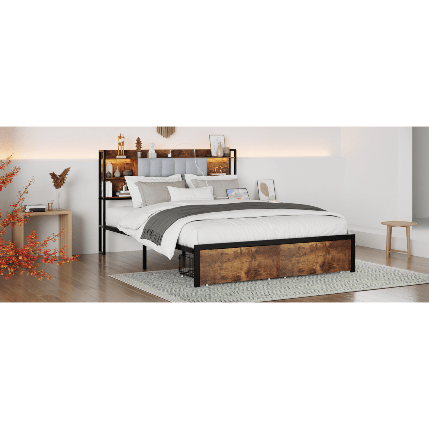 Upholstered King Size Bed Frame With Storage Drawers And LED Headboard, Charging Station, No Box Spring Required, Easy Assembly