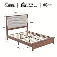 Upholstered Queen Bed Frame With Charging Station And LED Lights, Wood Slats, Beige Linen, No Box Spring Required, Easy Assembly