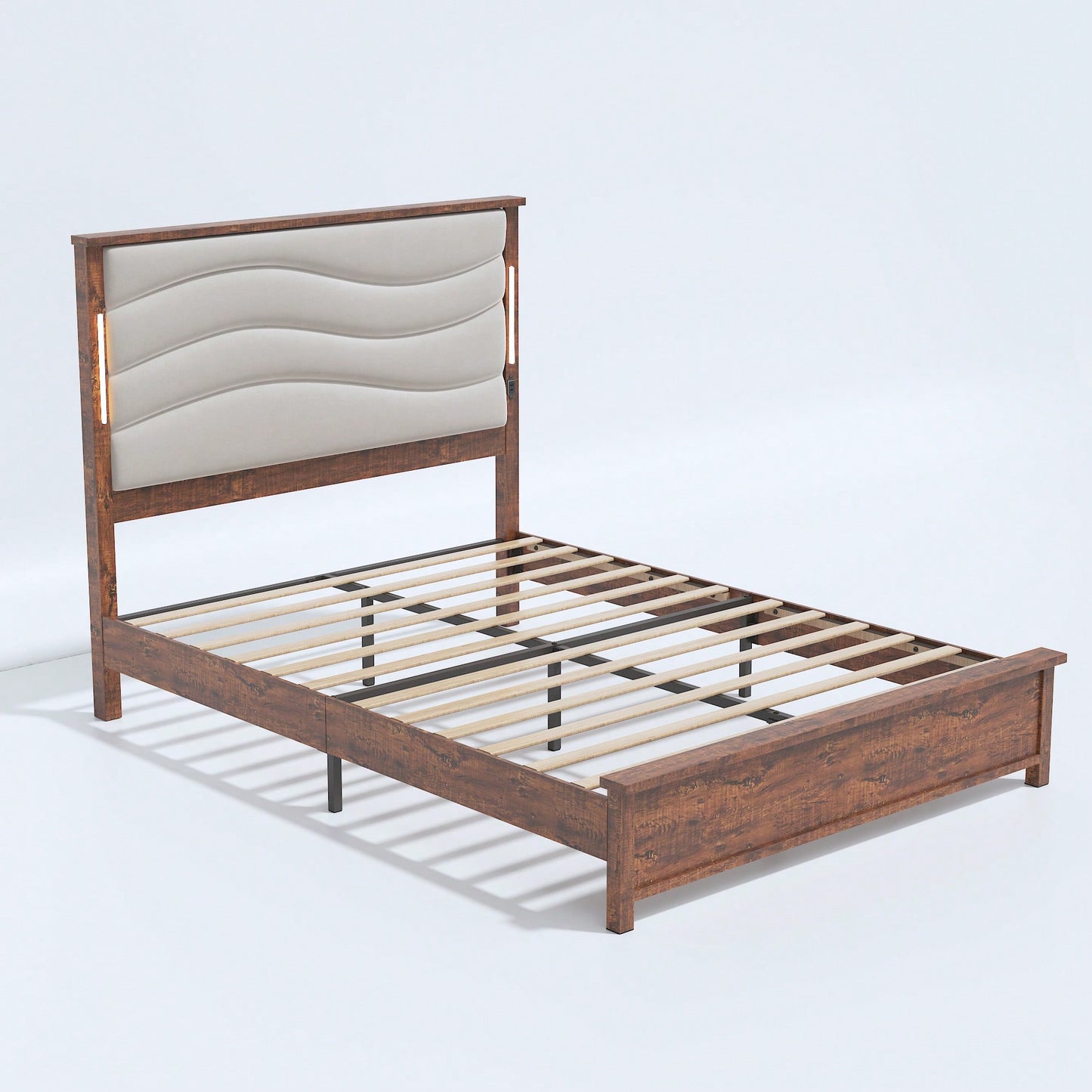 Upholstered Queen Bed Frame With Charging Station And LED Lights, Wood Slats, Beige Linen, No Box Spring Required, Easy Assembly