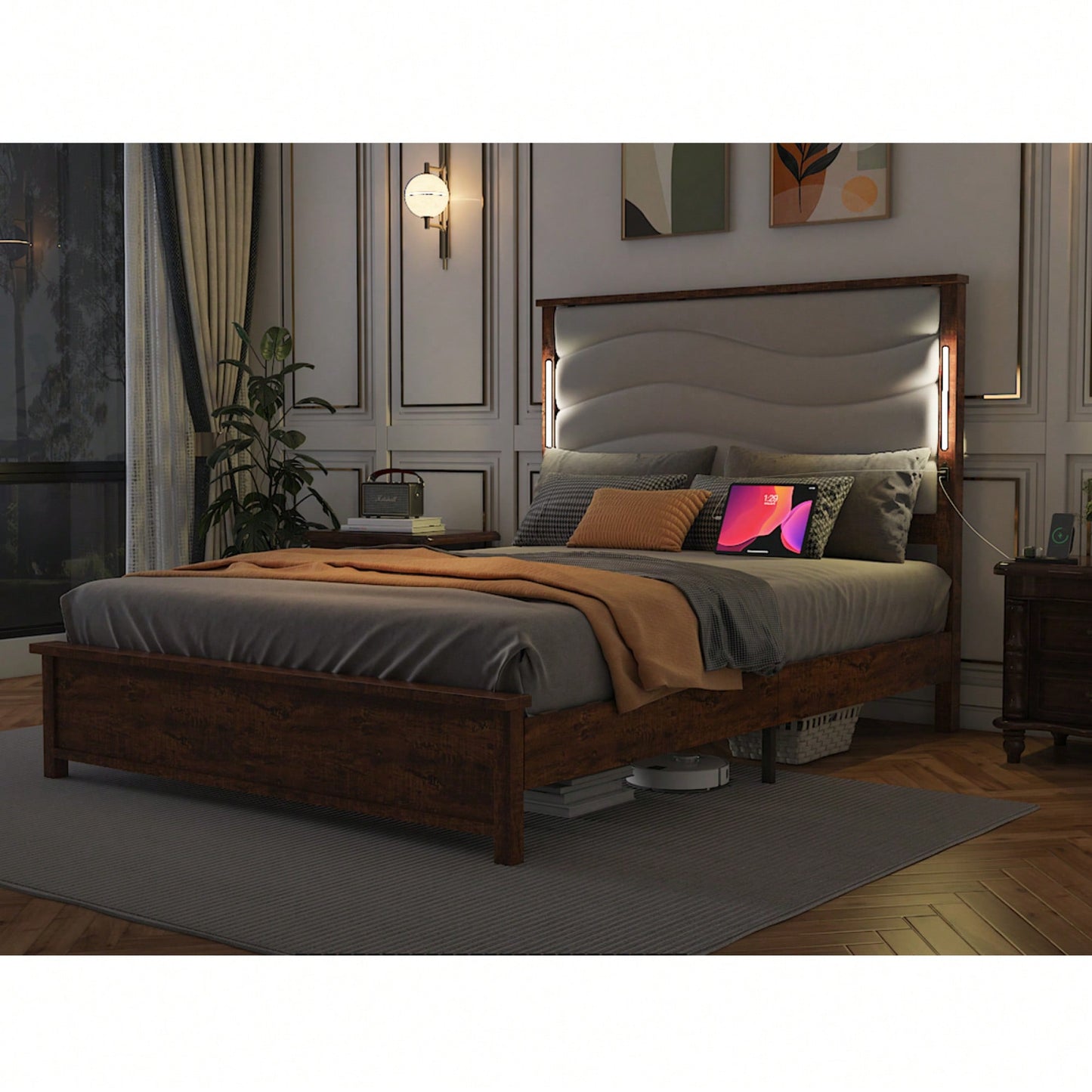 Upholstered Queen Bed Frame With Charging Station And LED Lights, Wood Slats, Beige Linen, No Box Spring Required, Easy Assembly