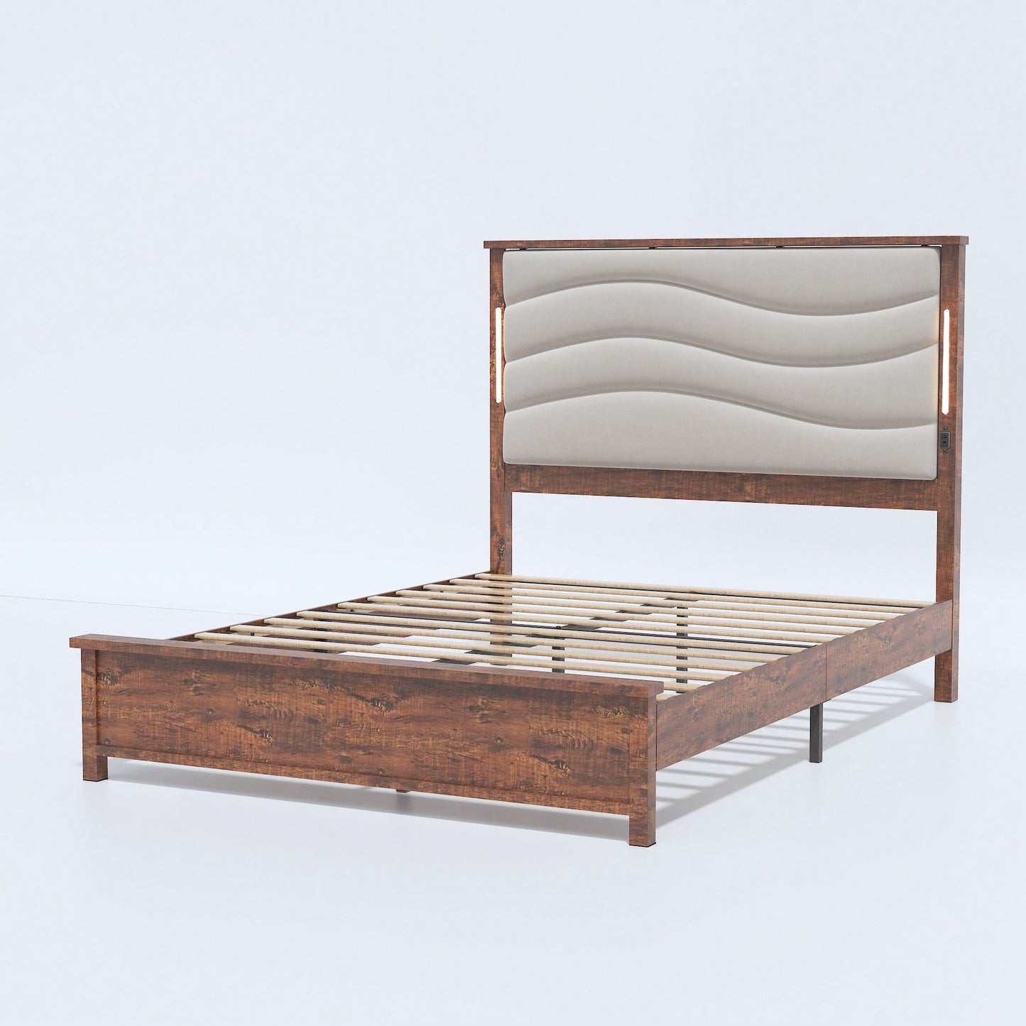 Upholstered Queen Bed Frame With Charging Station And LED Lights, Wood Slats, Beige Linen, No Box Spring Required, Easy Assembly