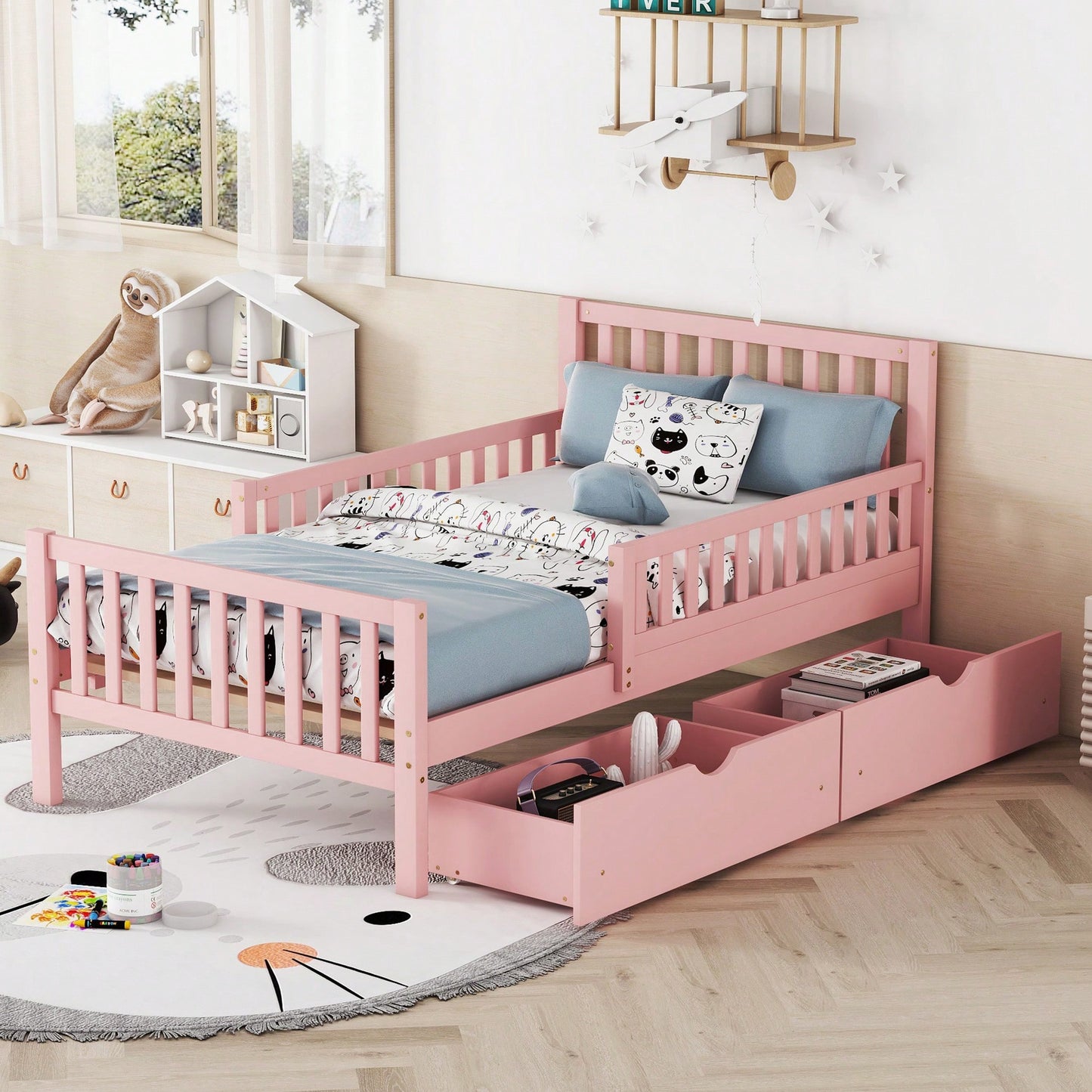 Twin Size Wood Platform Bed With Safety Guardrails And Dual Storage Drawers In Pink