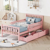 Twin Size Wood Platform Bed With Safety Guardrails And Dual Storage Drawers In Pink