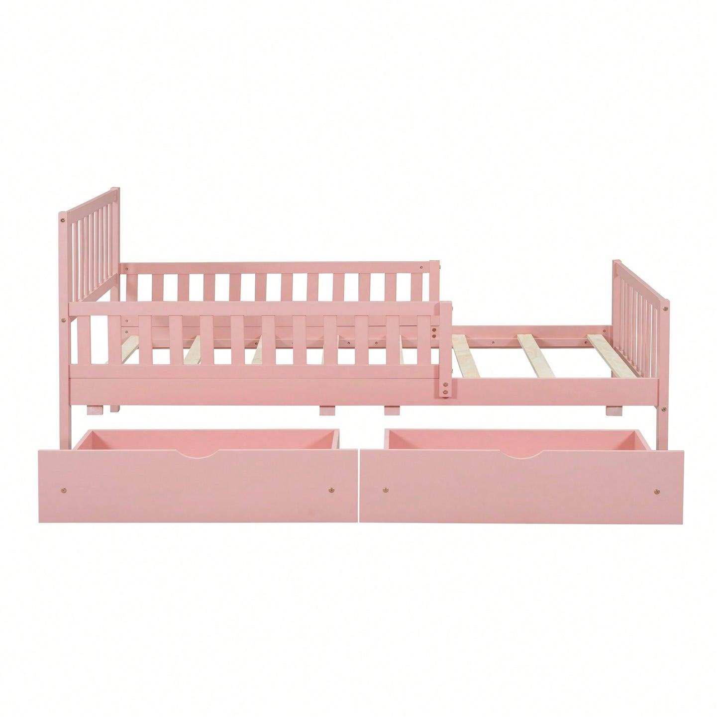Twin Size Wood Platform Bed With Safety Guardrails And Dual Storage Drawers In Pink