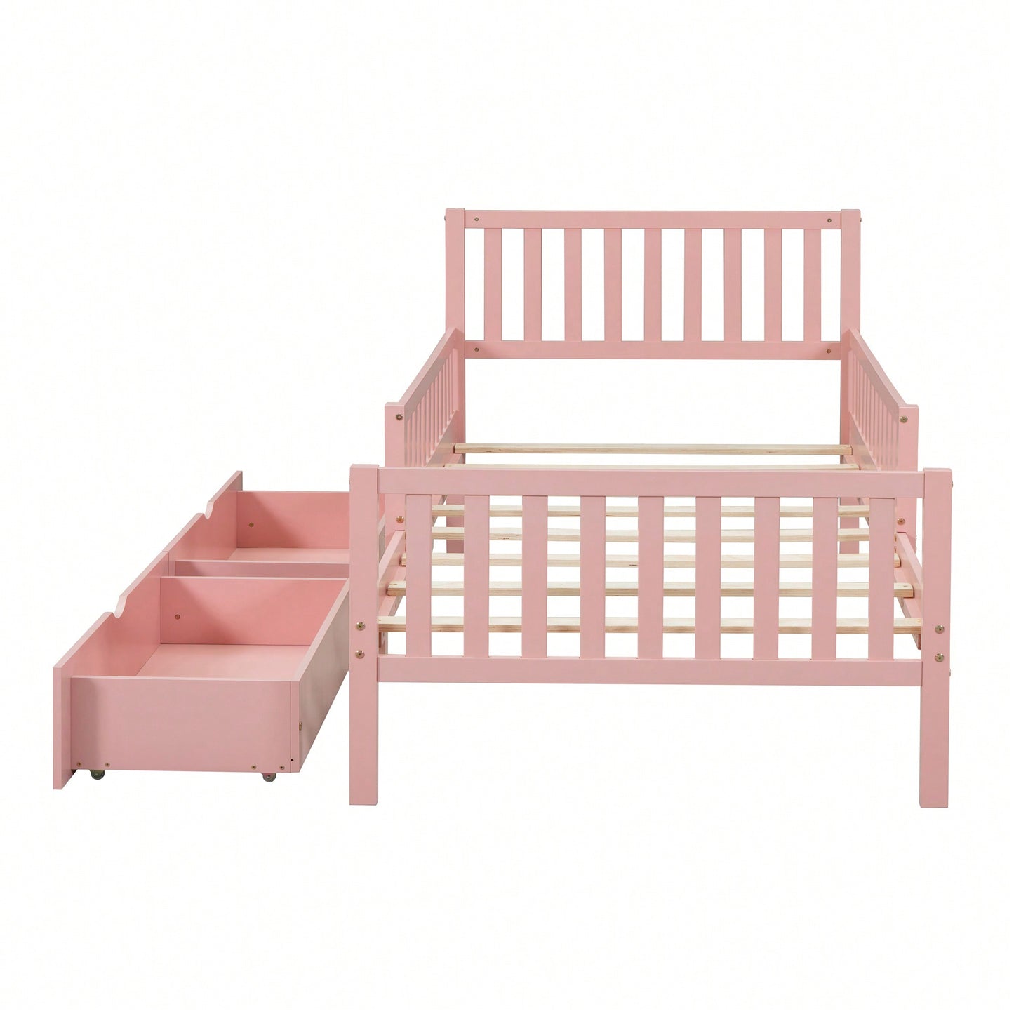 Twin Size Wood Platform Bed With Safety Guardrails And Dual Storage Drawers In Pink