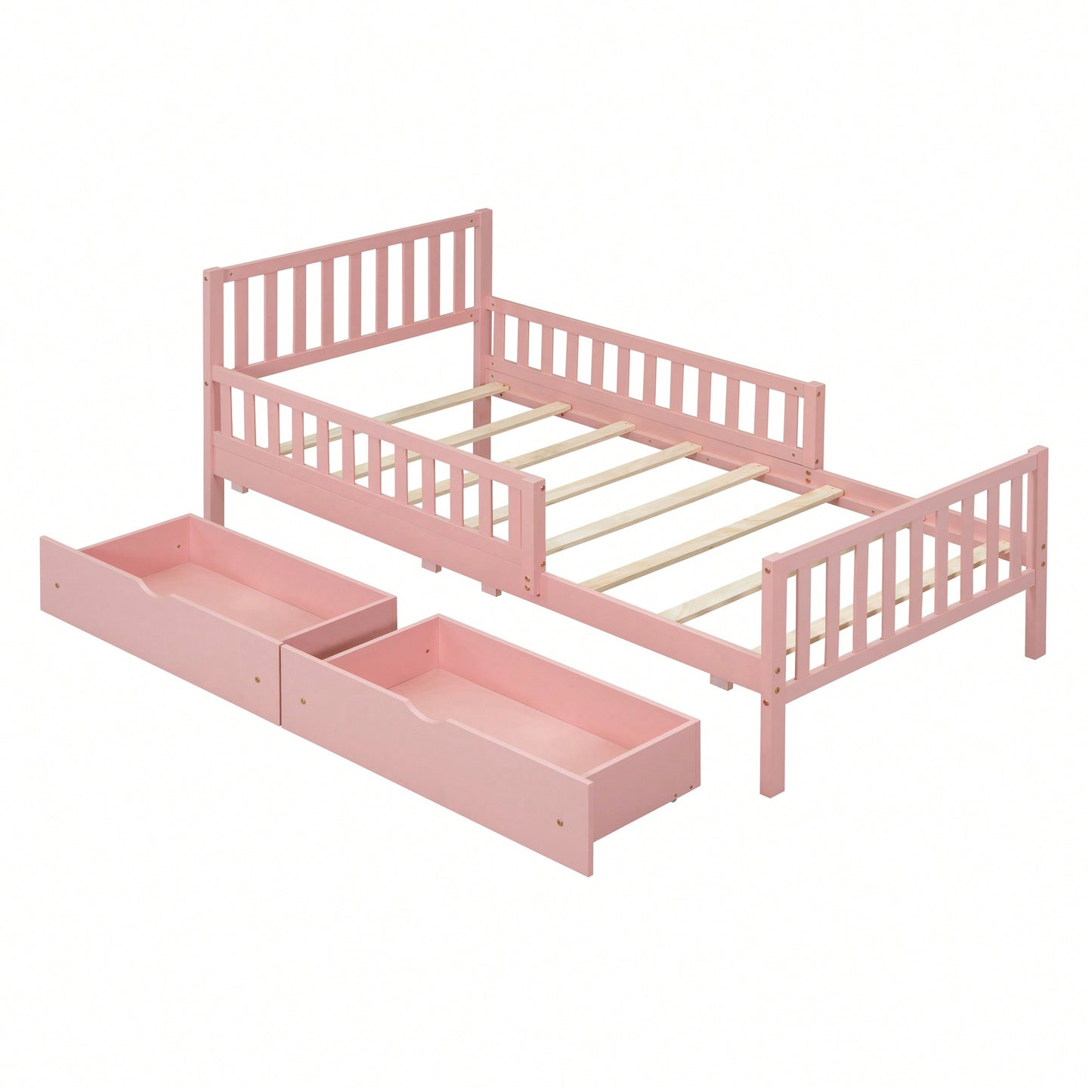 Twin Size Wood Platform Bed With Safety Guardrails And Dual Storage Drawers In Pink
