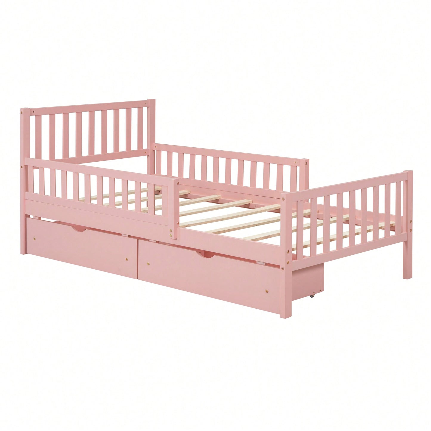 Twin Size Wood Platform Bed With Safety Guardrails And Dual Storage Drawers In Pink